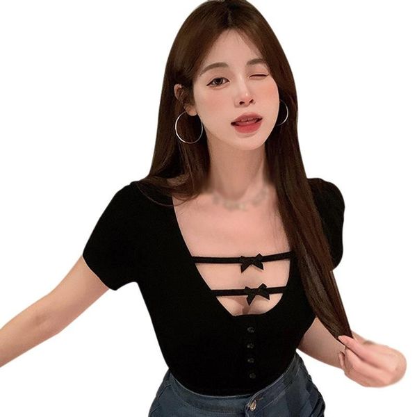 women's t-shirt daxin summer short-sleeved design female v neck tshirt bow hollow girl upper slim short, White
women's t-shirt daxin summer short-sleeved design female v neck tshirt bow hollow girl upper slim short, White