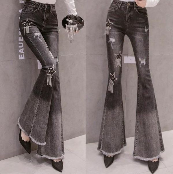 women's jeans burr denim flare pants korean version of the high waist slim slimming fashion embroidery fringed trumpet trousers, Blue
women's jeans burr denim flare pants korean version of the high waist slim slimming fashion embroidery fringed trumpet trousers, Blue