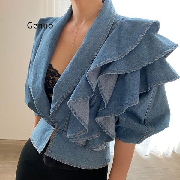 women's jackets v-neck temperament solid color ruffle stitching irregular short denim shirt, Black;brown
women's jackets v-neck temperament solid color ruffle stitching irregular short denim shirt, Black;brown