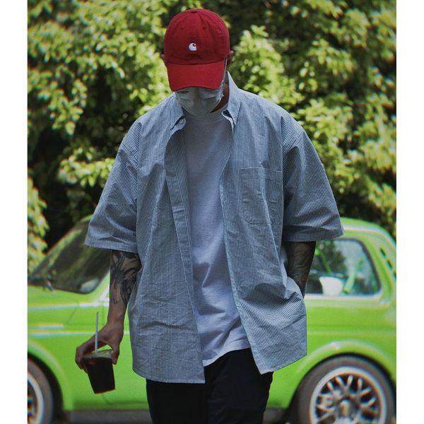 men's casual shirts 2021 blue stripe shirt fashion loose tooling short sleeve coat beach leisure couples korean spring summer, White;black