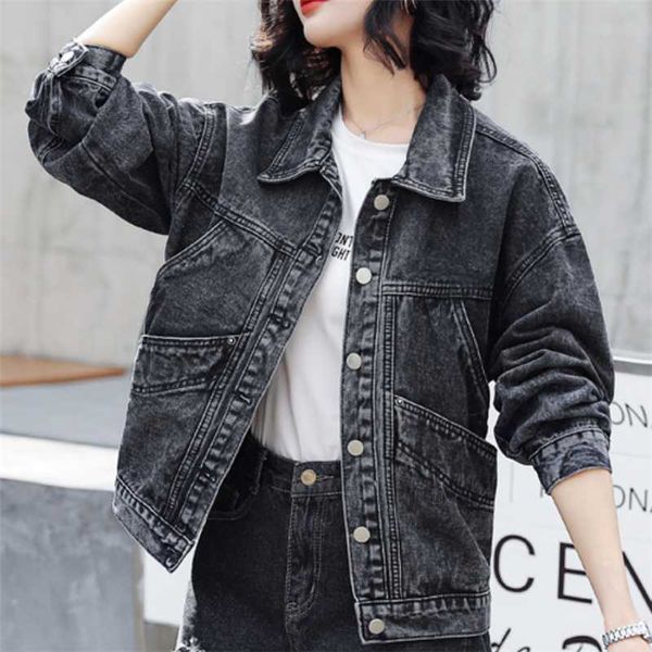 women's long sleeve denim jacket retro korean style loose and black spring, fall 2021 jackets, Black;brown
women's long sleeve denim jacket retro korean style loose and black spring, fall 2021 jackets, Black;brown