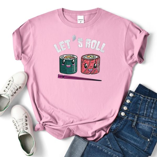 women's t-shirt let's roll couple sushi cartoons summer clothes for women harajuku anime tshirts fashion t shirt cotton o-neck fem, White
women's t-shirt let's roll couple sushi cartoons summer clothes for women harajuku anime tshirts fashion t shirt cotton o-neck fem, White