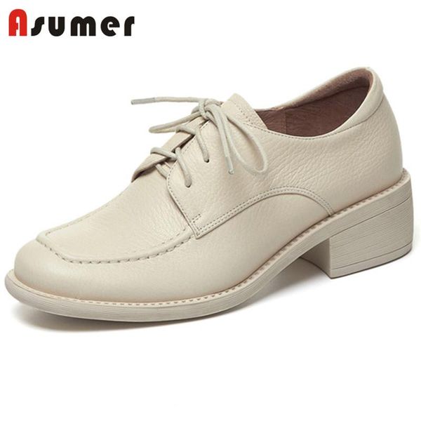 asumer big size 42 women pumps genuine leather shoes lace up round toe soft fashion cool comfortable casual woman dress, Black