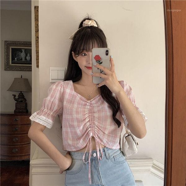 women's blouses & shirts women blouse summer drawstring short plaid shirt square collar puff sleeve blusas ropa de mujer, White
women's blouses & shirts women blouse summer drawstring short plaid shirt square collar puff sleeve blusas ropa de mujer, White