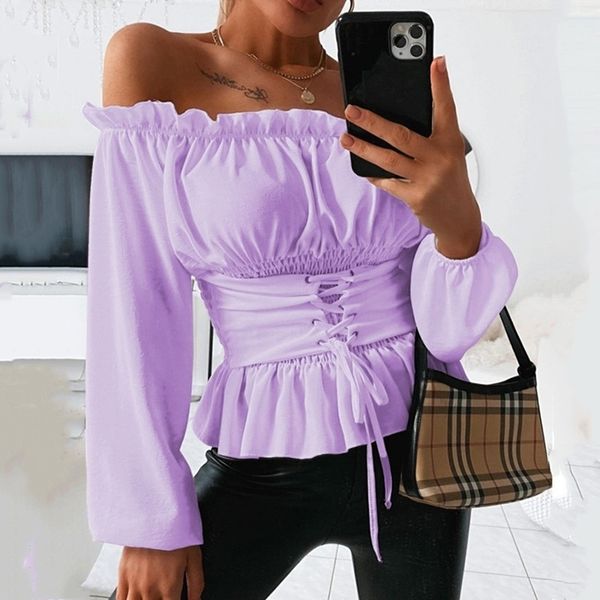 

women autumn solid off shoulder blouse shirt slash neck long sleeve lace up corset blouses fall blusas mujer de moda 210317, White