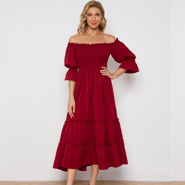 casual dresses 2021 summer red off shoulder dress women slash neck solid color long for wedding elegant party, Black;gray
casual dresses 2021 summer red off shoulder dress women slash neck solid color long for wedding elegant party, Black;gray