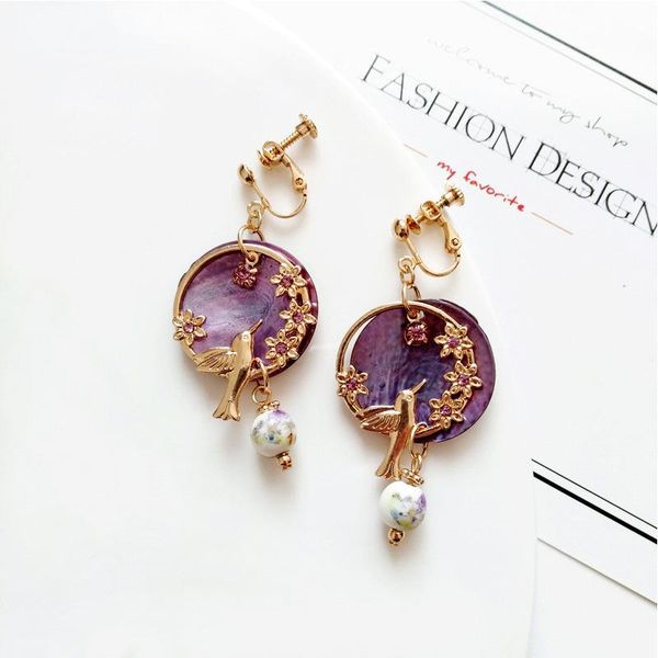 clip-on & screw back vintage purple shell beads earrings gold color round circel flower birds clip no pierced ear for lady women dating, Silver 
clip-on & screw back vintage purple shell beads earrings gold color round circel flower birds clip no pierced ear for lady women dating, Silver
