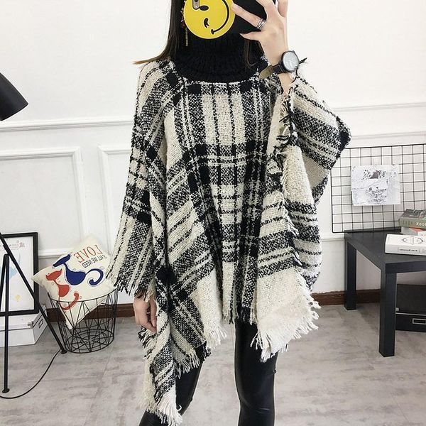 women's sweaters autumn casual 13 colors women size wool plaid cardigan knit batwing sleeve turtleneck tassel cape, White;black
women's sweaters autumn casual 13 colors women size wool plaid cardigan knit batwing sleeve turtleneck tassel cape, White;black