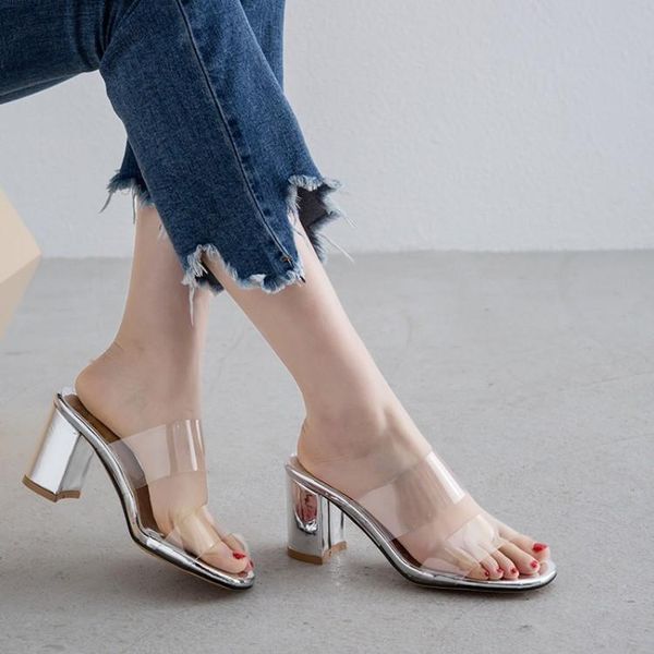 women slides square chunky block high heels transparent pvc clear summer slippers ladies date party shoes 34-43, Black
women slides square chunky block high heels transparent pvc clear summer slippers ladies date party shoes 34-43, Black