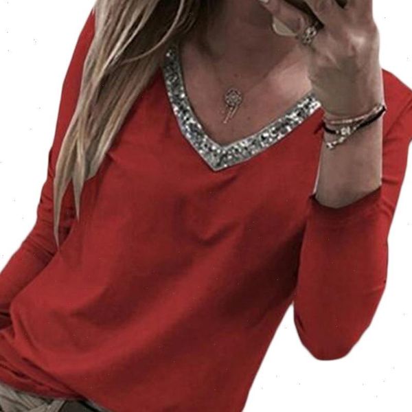 autumn womens shirts women casual v neck sequins loose color block long sleeve blouse cotton  spandex pullover s, White
autumn womens shirts women casual v neck sequins loose color block long sleeve blouse cotton  spandex pullover s, White