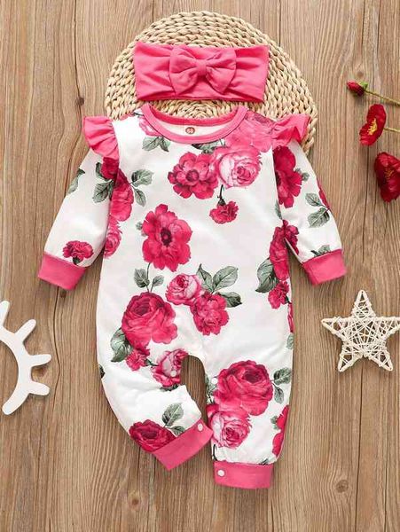 baby girl floral contrast binding ruffle jumpsuit with headband she, Blue