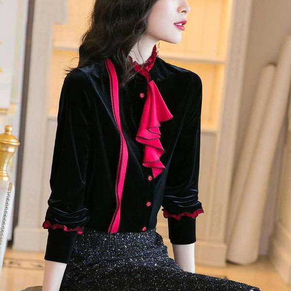 women's blouses & shirts black gold velvet blouse women 2021 fashion foreign style ruffled temperament long-sleeved undershirt, White
women's blouses & shirts black gold velvet blouse women 2021 fashion foreign style ruffled temperament long-sleeved undershirt, White