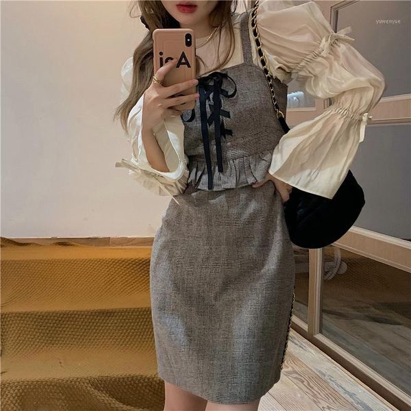 real s 2021 spring autumn french style retro dress sleeve shirt plaid suspender suit casual dresses, Black;gray
real s 2021 spring autumn french style retro dress sleeve shirt plaid suspender suit casual dresses, Black;gray