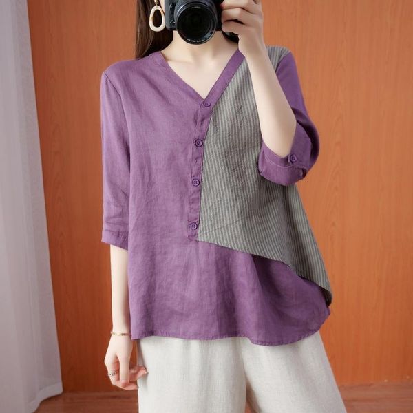 women's blouses & shirts johnature casual v-neck women 2021 summer patchwork striped loose button purple, White
women's blouses & shirts johnature casual v-neck women 2021 summer patchwork striped loose button purple, White