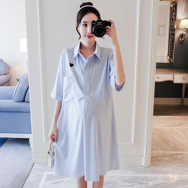 222# maternity dress summer short sleeves turn down collar stripe loose stylish pregnant women mom dresses, White
222# maternity dress summer short sleeves turn down collar stripe loose stylish pregnant women mom dresses, White