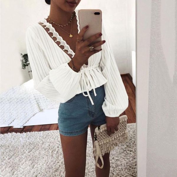 women's blouses & shirts deep v-nect blouse solid color waist lacing small lantern long-sleeved shirt blusa feminina women, White 
women's blouses & shirts deep v-nect blouse solid color waist lacing small lantern long-sleeved shirt blusa feminina women, White