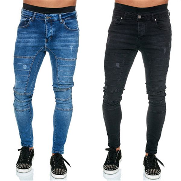 men casual folds jeans fashion trend low waist zipper jean trousers spring designer male light wash frayed elastic skinny demin pants, Blue 
men casual folds jeans fashion trend low waist zipper jean trousers spring designer male light wash frayed elastic skinny demin pants, Blue