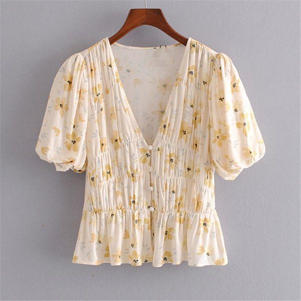 women's blouses & shirts women floral print pleated buttons vintage v neck puff sleeve female short blusas chic, White
women's blouses & shirts women floral print pleated buttons vintage v neck puff sleeve female short blusas chic, White
