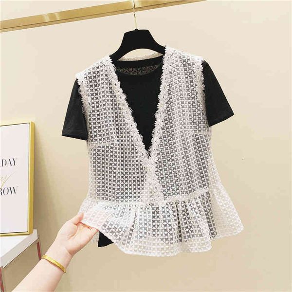 t shirt summer korean v-neck outer wear lace shirt + short sleeve loose black t-shirt ladies blusas two-piece, White
t shirt summer korean v-neck outer wear lace shirt + short sleeve loose black t-shirt ladies blusas two-piece, White