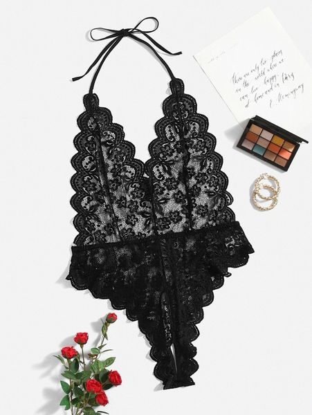 plus floral lace scallop trim halter crotchless teddy bodysuit f4pz#, Black;white
