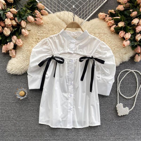 women's blouses & shirts summer fashion stand neck drawstring fold hollow short sleeve vintage camisas para mujer blouse s300, White
women's blouses & shirts summer fashion stand neck drawstring fold hollow short sleeve vintage camisas para mujer blouse s300, White