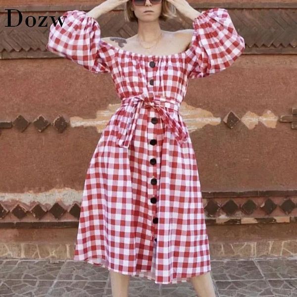 casual dresses off shoulder plaid dress summer lantern sleeve chic midi single breasted bandage party ropa de mujer, Black;gray
casual dresses off shoulder plaid dress summer lantern sleeve chic midi single breasted bandage party ropa de mujer, Black;gray