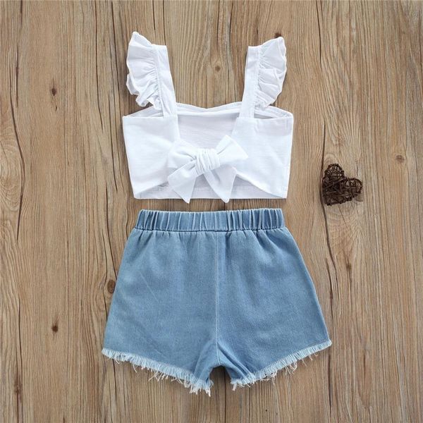 clothing sets 3 color baby girl summer casual children's kids ruffle sleeveless bow-knot tank + elastic waist denim shorts, White
clothing sets 3 color baby girl summer casual children's kids ruffle sleeveless bow-knot tank + elastic waist denim shorts, White