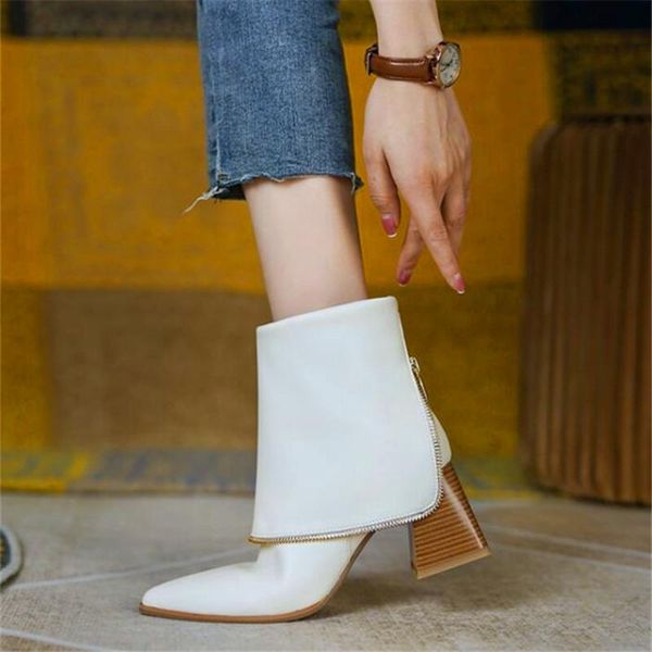 boots zipper design women's high-heeled short pointed toe flanging thick-heeled fashion party, Black 
boots zipper design women's high-heeled short pointed toe flanging thick-heeled fashion party, Black