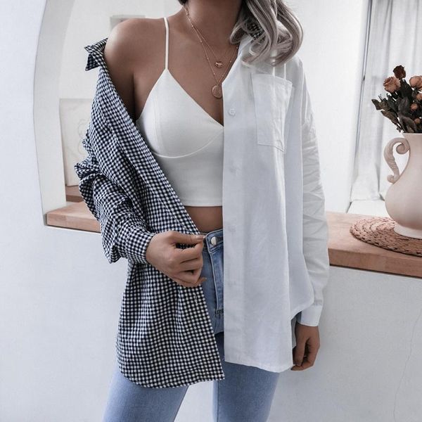 women's blouses & shirts 2021 spring summer casual plaid stitching oversized cotton shirt for ladies fashion singel breasted, White
women's blouses & shirts 2021 spring summer casual plaid stitching oversized cotton shirt for ladies fashion singel breasted, White