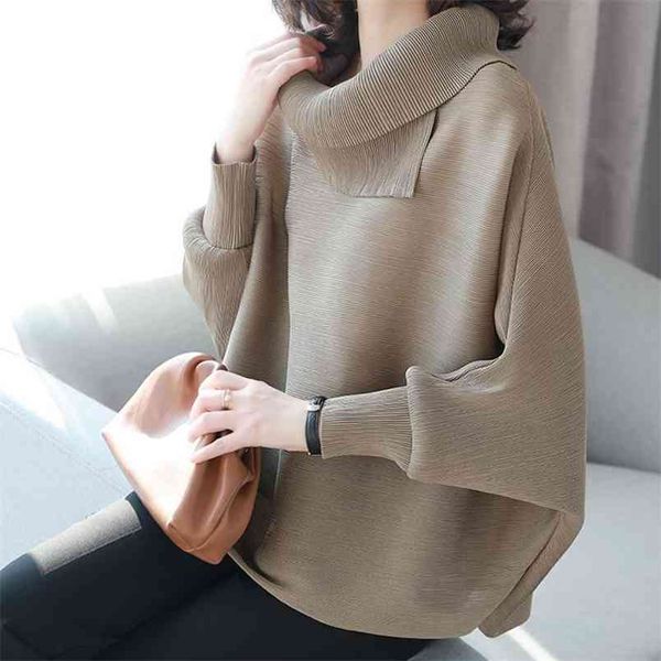 pleated irregular collar bat sleeve sweater women long solid color loose large size thin pullover jumpers spring 210427, White;black
pleated irregular collar bat sleeve sweater women long solid color loose large size thin pullover jumpers spring 210427, White;black