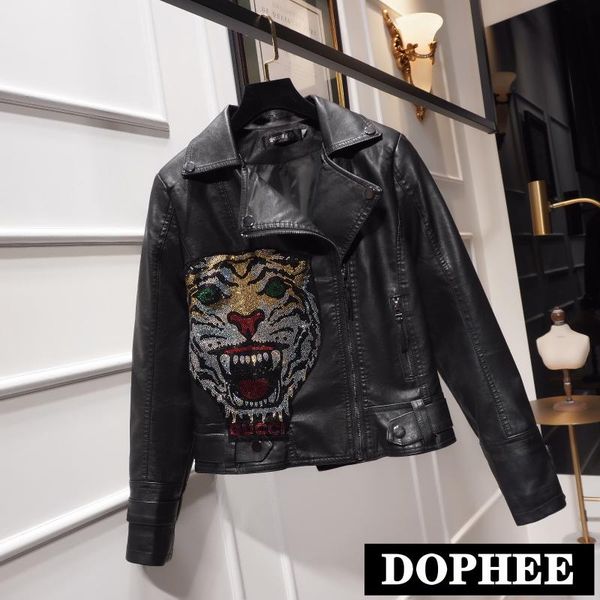 women's leather & faux pu jacket spring fall motorcycle short coat lady cartoon tiger diamond slim-fit plus size, Black
women's leather & faux pu jacket spring fall motorcycle short coat lady cartoon tiger diamond slim-fit plus size, Black