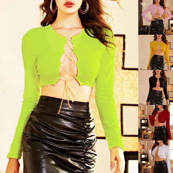 women's t-shirt metal chain solid color short long-sleeved ladies hollow knit street party top, White
women's t-shirt metal chain solid color short long-sleeved ladies hollow knit street party top, White