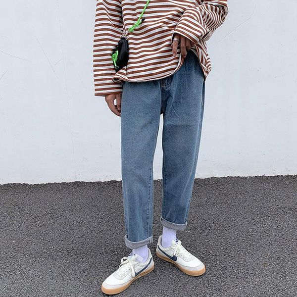 men's jeans summer trendy brand retro straight korean version of the students loose and versatile casual pants, Blue 
men's jeans summer trendy brand retro straight korean version of the students loose and versatile casual pants, Blue