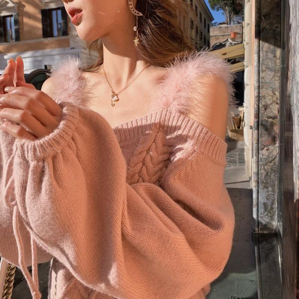 women's sweaters european autumn knitted slash neck off shoulder leather strap lantern sleeve pullover women fashion streetwear, White;black
women's sweaters european autumn knitted slash neck off shoulder leather strap lantern sleeve pullover women fashion streetwear, White;black