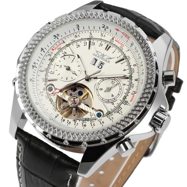 

wristwatches fashion jaragar brand classic tourbillon mechanical watch men leather rose golden 2 sub-dial calendar skeleton wrist watche, Slivery;brown
