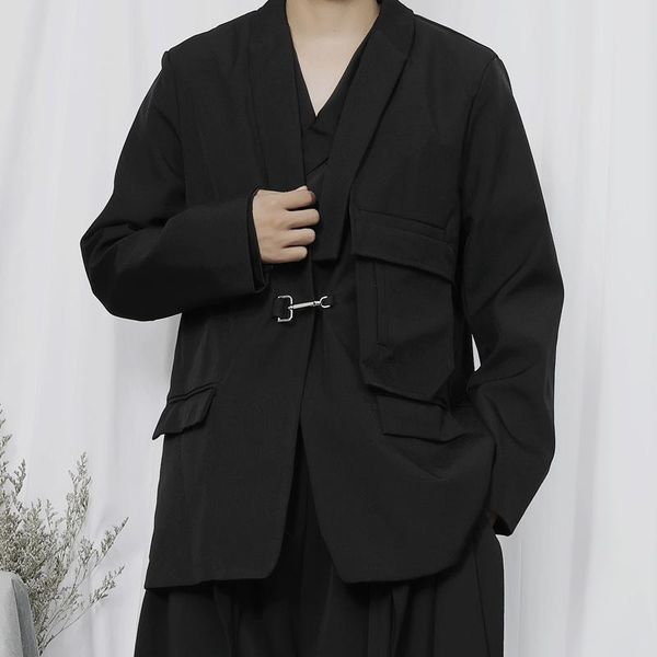men's suits & blazers large suit 2021 autumn loose small splicing cloth metal buckle black coat young men, White;black
men's suits & blazers large suit 2021 autumn loose small splicing cloth metal buckle black coat young men, White;black