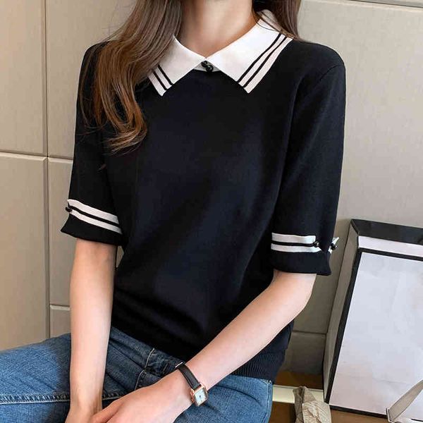 color-blocked knitted t shirt women summer short sleeve turn-down collar office ladies korean fashion female t-shirt 210514, White
color-blocked knitted t shirt women summer short sleeve turn-down collar office ladies korean fashion female t-shirt 210514, White