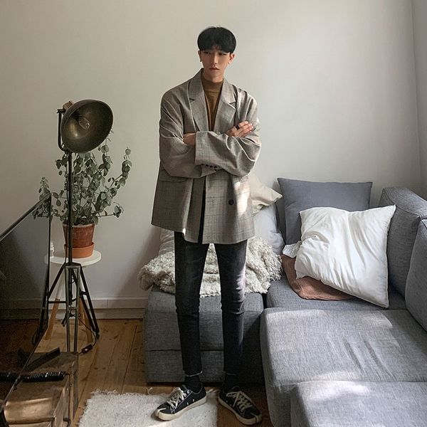 men's wear 2021 autumn lattice suit coat trend causal korean fashion clothes casual single breasted loose blazers 9y89502, White;black
men's wear 2021 autumn lattice suit coat trend causal korean fashion clothes casual single breasted loose blazers 9y89502, White;black