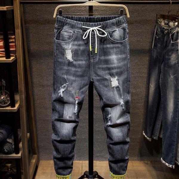 men's jeans men elastic waist male hole trousers cozy casual straight denim pants plus size loose 788, Blue 
men's jeans men elastic waist male hole trousers cozy casual straight denim pants plus size loose 788, Blue