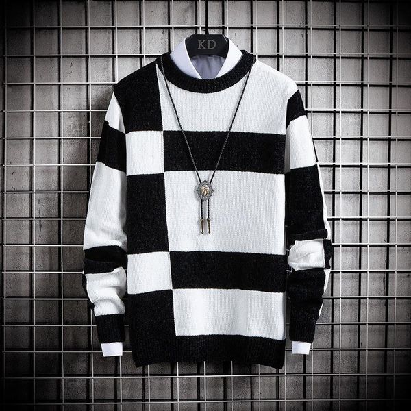 men's sweaters style for autumn and winter chenille plaid color matching sweater youth pullover round neck, White;black
men's sweaters style for autumn and winter chenille plaid color matching sweater youth pullover round neck, White;black