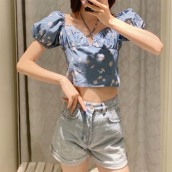 women's blouses & shirts summer slim hanging neck lace printed shirt female french retro denim short sleeve ww6489, White
women's blouses & shirts summer slim hanging neck lace printed shirt female french retro denim short sleeve ww6489, White