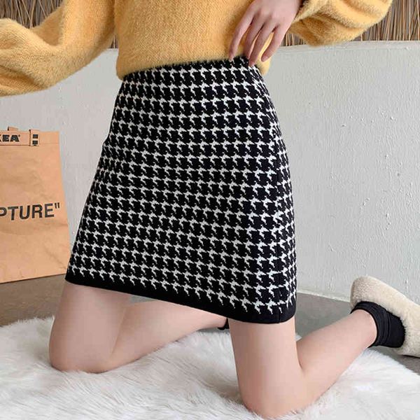 skirts retro spring houndstooth knit high waist skirt ibx5, Black