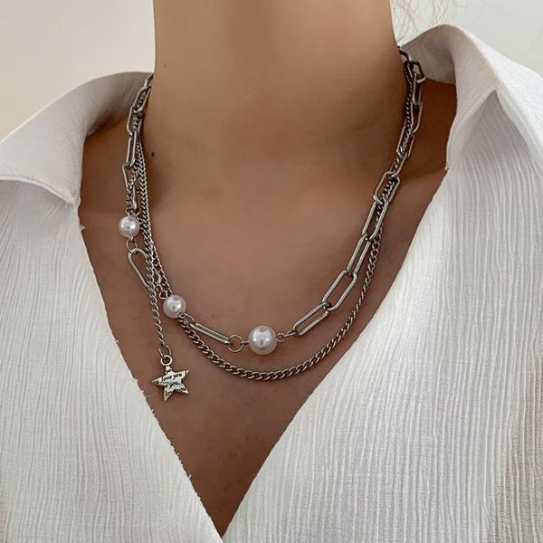 chains titanium steel necklace female five-pointed star pearl pendant double clavicle chain personality temperament, Silver
chains titanium steel necklace female five-pointed star pearl pendant double clavicle chain personality temperament, Silver