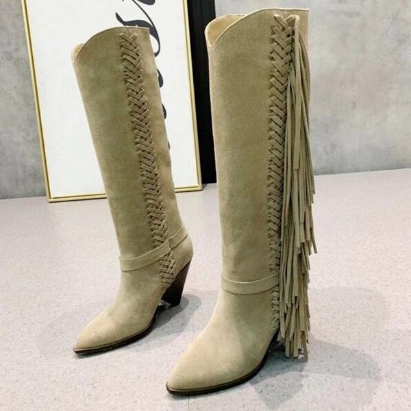 boots knee high long cowboy genuine leather point toe women's quality tassels woven spike heel suede women shoes, Black
boots knee high long cowboy genuine leather point toe women's quality tassels woven spike heel suede women shoes, Black
