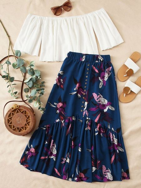 off-shoulder crop & plants print ruffle hem skirt j8mx#, White