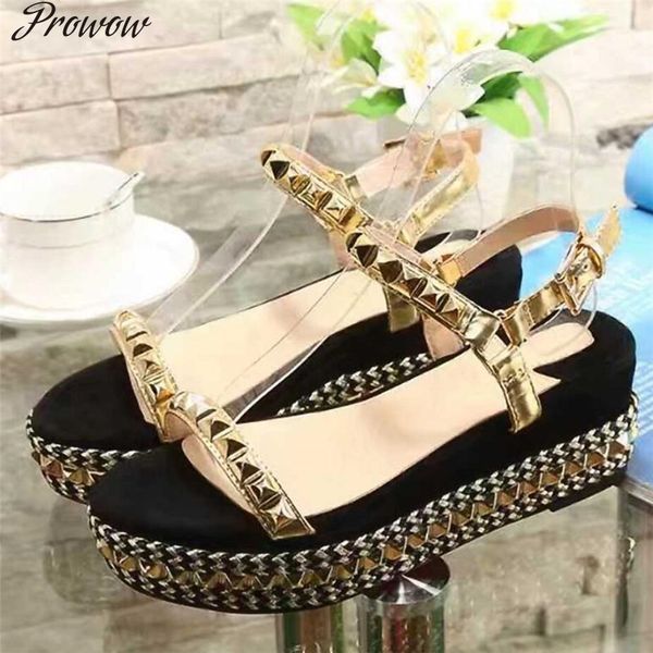 official website 70% off outlet prowow golden spikes real leather sandals women luxury design wedge high heels thick heel shoes platform wed, Black
official website 70% off outlet prowow golden spikes real leather sandals women luxury design wedge high heels thick heel shoes platform wed, Black