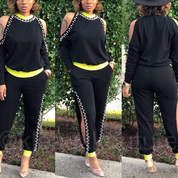 women's two piece pants women sets and causal cold shoulder beading side split long black fashion clothing, White
women's two piece pants women sets and causal cold shoulder beading side split long black fashion clothing, White