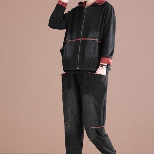 women's two piece pants fashion spring fall female denim hooded pieces suit women retro loose jacket and elastic waist jeans punk style, White
women's two piece pants fashion spring fall female denim hooded pieces suit women retro loose jacket and elastic waist jeans punk style, White