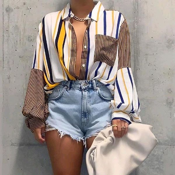 women's t-shirt autumn and summer long sleeve button cardigan fashion striped patchwork chic loose casual aesthetic clothes, White
women's t-shirt autumn and summer long sleeve button cardigan fashion striped patchwork chic loose casual aesthetic clothes, White