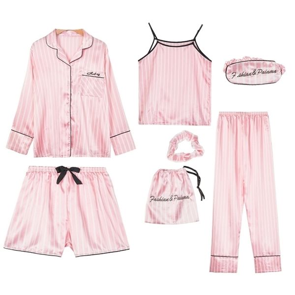 pink women's 7 pieces pajamas sets faux silk striped pyjama women sleepwear sets spring summer autumn homewear 211103, Black;red
pink women's 7 pieces pajamas sets faux silk striped pyjama women sleepwear sets spring summer autumn homewear 211103, Black;red